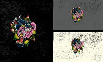 cabeza pantera y flores vector ilustración mascota diseño