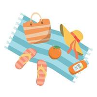 Summer beach resort clipart with beach bag, hat, flip flops, sunscreen and orange. Vector cartoon illustration. Vector cartoon flat style illustration. Isolated on white background.