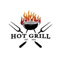 Barbecue vintage logo concept. grill tool with fire flame stamp template. Vector illustration