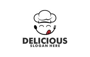 Delicious Food logo design template vector, Cafe or restaurant emblem, chef with smiling lips formed from spoon and fork vector