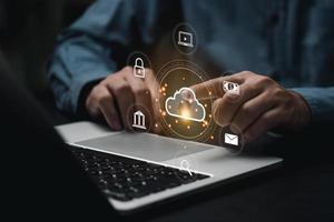 Businessman hand touching with cloud computing diagram. cloud technology data storage network and internet service concept. photo