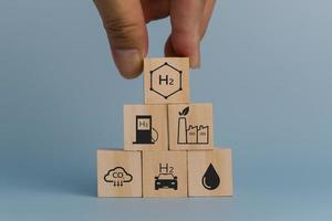 mano participación madera cubo.clima y eco simpático energía en el futuro para red cero emisiones target.cambiando co2 a h2 combustible célula concepto. foto