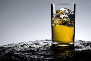 A glass of whiskey liquor with ice studio commercial promotion and marketing product background. photo