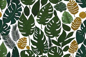 Abstract various monstera green leaves seamless pattern on blue background. Leaf clip texture and pattern. photo