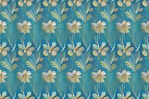 Abstract blue flower and leaves seamless pattern background. Flower and leaf clip illustration texture. photo