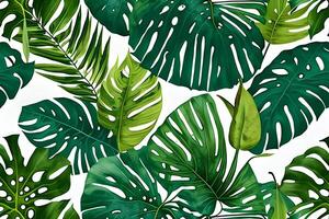 Abstract various monstera green leaves seamless pattern on blue background. Leaf clip texture and pattern. photo