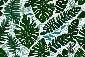Abstract various monstera green leaves seamless pattern on blue background. Leaf clip texture and pattern. photo