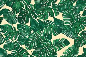 Abstract various monstera green leaves seamless pattern on blue background. Leaf clip texture and pattern. photo