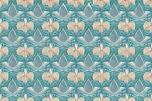 Abstract blue flower and leaves seamless pattern background. Flower and leaf clip illustration texture. photo