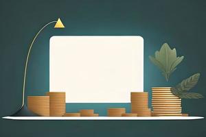 Abstract simple illustration blue rectangular white screen with blank space for some text or design material background, some coin and leaf for concept about growth, finance, investment, and success. photo