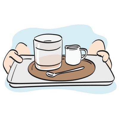closeup hand holding tray with beverage illustration vector hand drawn isolated on white background line art.