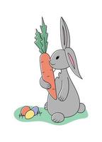 Grey easter rabbit with big carrot in paw and colored eggs on the green grass. Isolated illustration on the white background. Cartoon holiday vector character