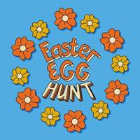 Nostalgia vector flat illustration with sign Easter egg hunt. Unique vintage outline lettering in retro colors with flowers. Great for poster, card, cover, background, textile print, t-shirt design