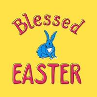 Bold minimalistic flat illustration with sign Blessed Easter and rabbit. Outline lettering in bold colors. Perfect for post, poster, postcard, cover, background, textile print, t-shirt design vector