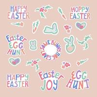 Collection of easter vector flat cutout lettering with ester related elements. Set of stickers. Unique design in candy pastel colors