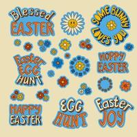 Collection of easter vector flat nostalgia lettering with flowers. Set of stickers. Unique design in bold retro colors colors