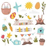 Easter religious holiday element collection. Seasonal stickers set with bunnies and spring objects. Happy Easter handwritten lettering concept. Hand drawn flat vector illustration isolated on white