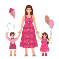 Mom with children having outdoor activities. Family concept for Happy Mother's Day. Woman on maternity leave with twins. Kids holding balloons and kite. Character hand drawn flat vector illustration