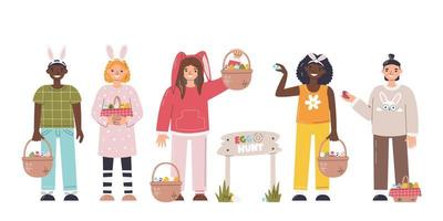 Diversity children playing egg hunt outdoors. Group of kids carrying full of eggs baskets. Easter family tradition. Characters with festive props. Religious holiday hand drawn flat vector illustration