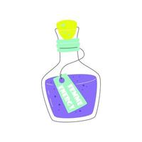 Femme energy glass bottle. Jar with magic purple potion. Femininity elixir drink with violet liquid substance. Lab flask with label. Hand drawn flat vector illustration isolated on white background