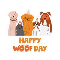 Dog birthday concept design with handwritten lettering. Cute dog friends celebrating paw-ty. Pet party with different breed puppies. Happy woofday hand drawn flat vector illustration isolated on white