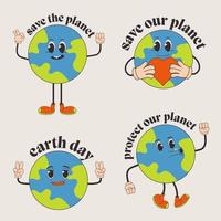 Retro earth cartoon character. Earth Day. Save planet conception. World Environment Day. Trendy groovy 70s style illustration. vector