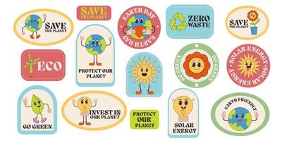 Save the planet sticker, label set in trendy groovy style. Earth Day. Funny earth character and mascot. Eco friendly conception. vector