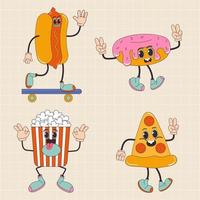 Cartoon character retro pizza, hot dog,  donut,  popcorn,  fast food 70s. In trendy groovy hippie retro style. vector