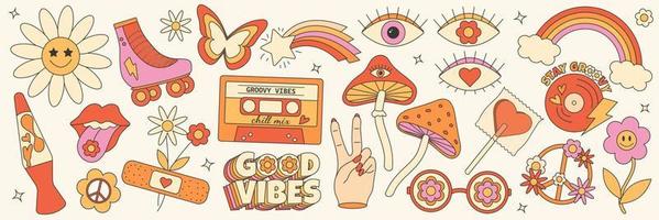 retro maravilloso hippie 70s colocar. pegatina colección en de moda retro psicodélico dibujos animados estilo. champiñón, flor, ojo, arcoíris, mariposa, bueno vibraciones vector
