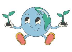 Y2k groovy earth day cartoon sticker. Environmental protection. Cute baby earth character. vector