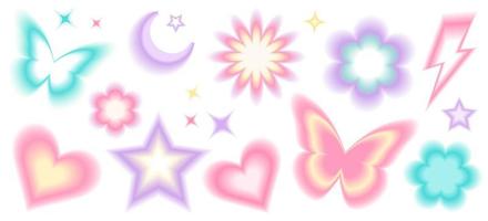 Y2k blurred gragient unfocused set. Abstract geometric shapes in trendy retro style. Heart, flower, daisy, butterfly, star, moon vector