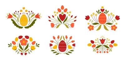 Set of Easter designs with colored egg and flowers. Template for poster, greeting card, invitation or postcard. vector