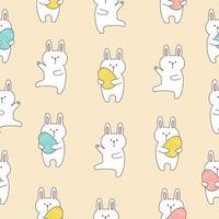 Seamless pattern with cute bunnies holding easter eggs on pink background. Template for baby design. vector