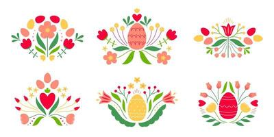 Set of Easter designs with colored egg and flowers. Template for poster, greeting card, invitation or postcard. vector