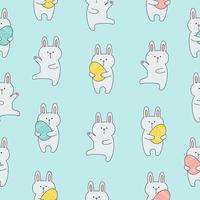 Seamless pattern with cute bunnies holding easter eggs on blue background. Template for baby design. vector