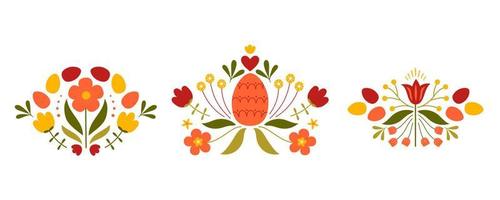 Set of Easter designs with colored egg and flowers. Template for poster, greeting card, invitation or postcard. vector