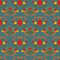 Easter seamless pattern with colored egg and flowers on blue background. Background for poster, greeting card, invitation or postcard. vector