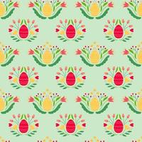 Easter seamless pattern with colored egg and flowers on blue background. Background for poster, greeting card, invitation or postcard. vector