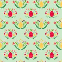 Easter seamless pattern with colored egg and flowers on blue background. Background for poster, greeting card, invitation or postcard. vector