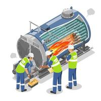 ndustrial Boiler show inside inspection and maintenance concept Engineer and mechanician working Factory How work Machine isometric machinery concept cartoon vector isolated illustration