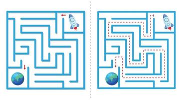 Simple  maze abstract game with answer. Help rocket fly to earth. Easy labyrinth for kids. Vector