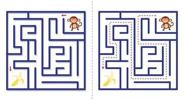 Simple  maze abstract game with answer. Help monkey find banana. vector