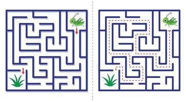 Simple  maze abstract game with answer. Help grasshopper find grass. vector