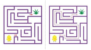 Simple  maze abstract game with answer. Help chicken find grass. vector