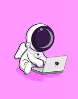Cute Astronaut Working On Laptop In Space Cartoon Vector Icon Illustration. Science Technology Icon Concept Isolated Premium Vector. Flat Cartoon Style