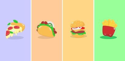 Fast food 3d realistic render vector icon set , Pizza, taco, hamburger, fries potatoes