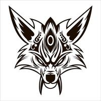 Kitsune Drawing Vector. Kitsune Wolf Head Black And White Drawing Vector illustration. Black and white illustration of a Japanese fox mask on a white background. Kitsune mask.