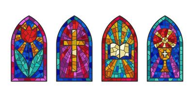 Church glass windows. Stained mosaic catholic frames with cross, book and religious symbols. Vector set isolated on white background