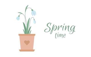 Snowdrop in a clay pot and the inscription Spring time. Flat vector illustration