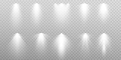 Set of white spotlights. various forms of light. Stage spotlights. Light effects. Glow light effect. Vector illustration.